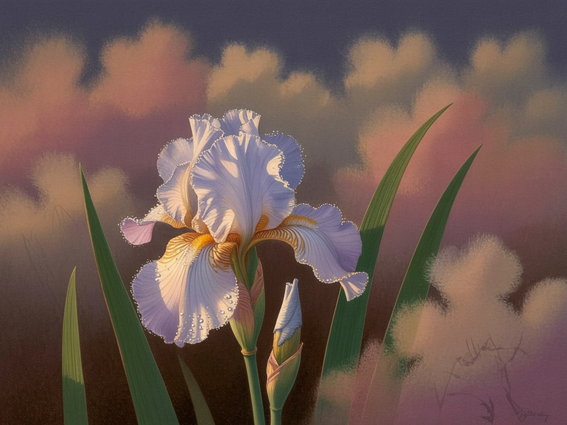 Illustration of a white iris flower with pastel background