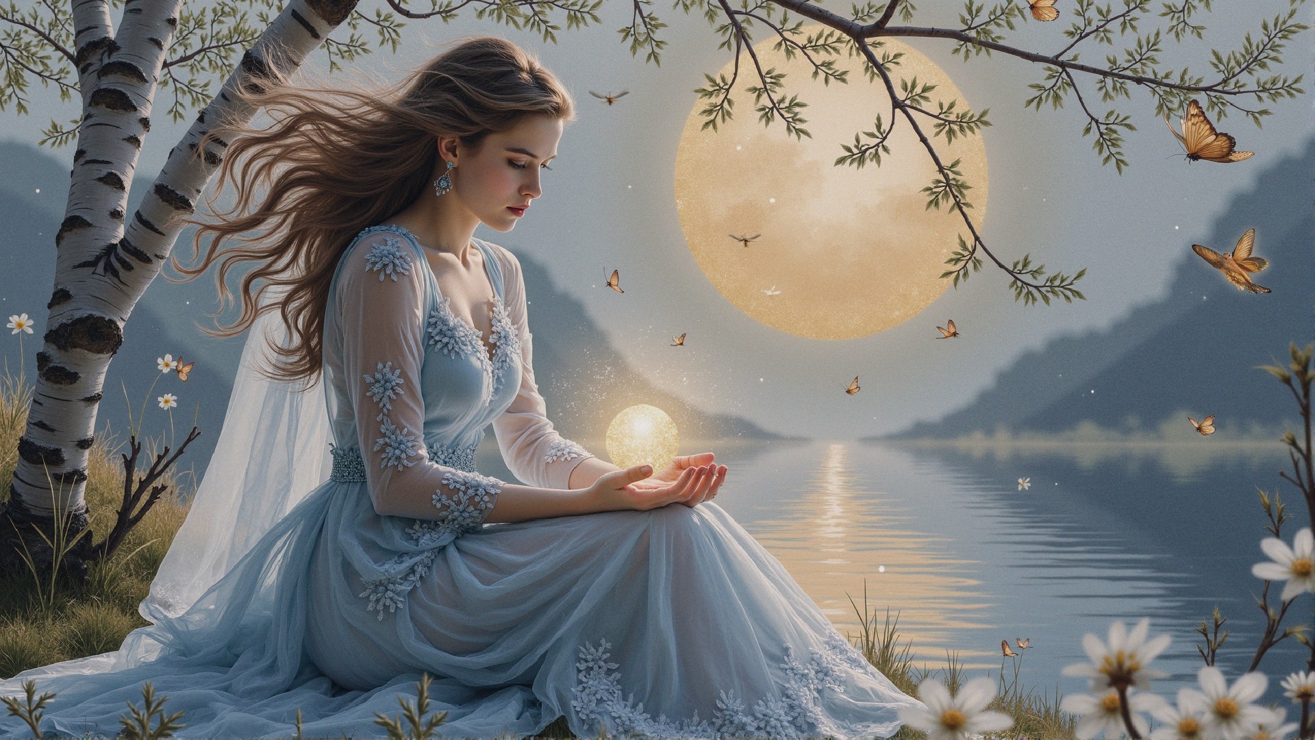 Young woman in blue gown by tranquil lake at night