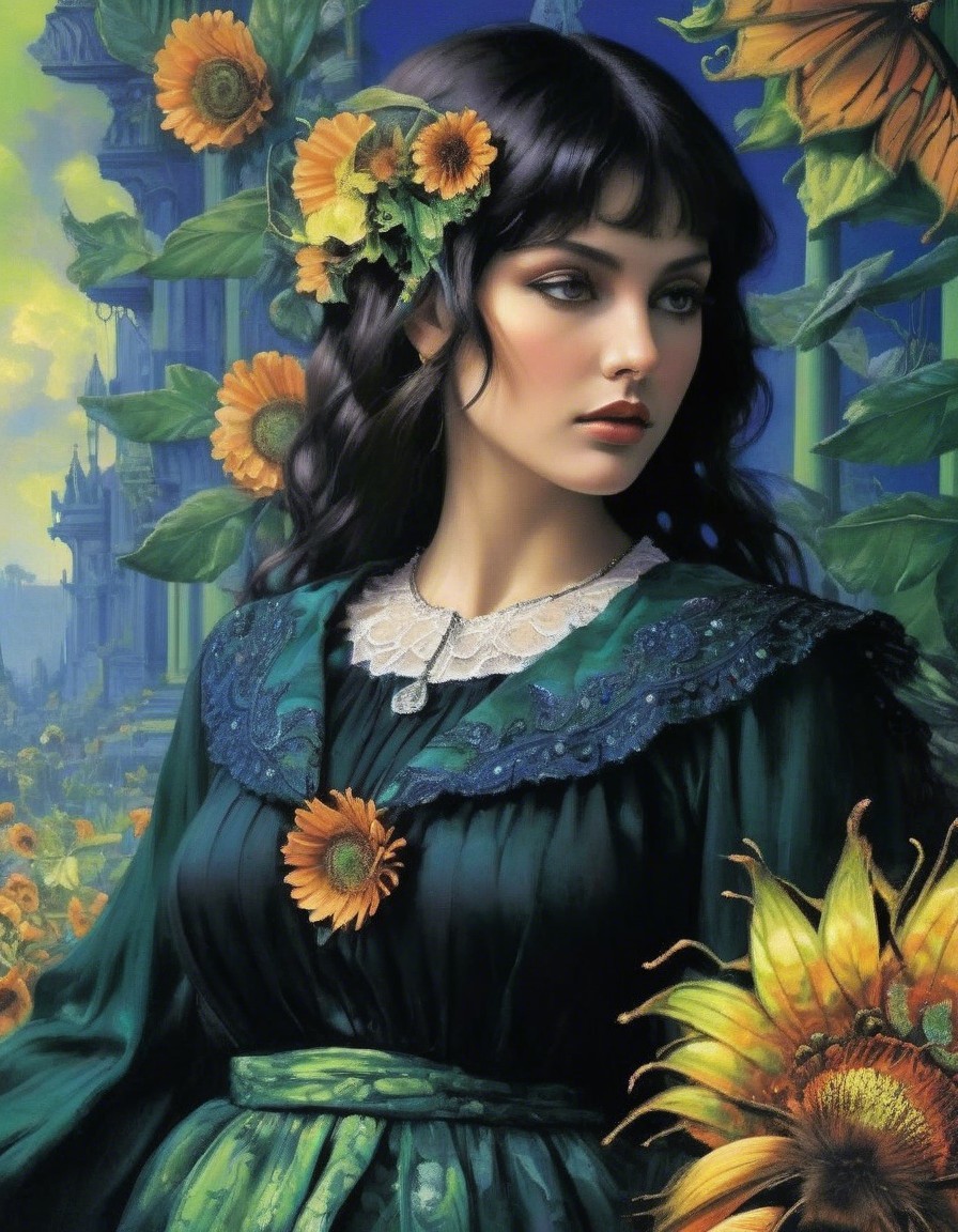 Young woman in green dress among sunflowers