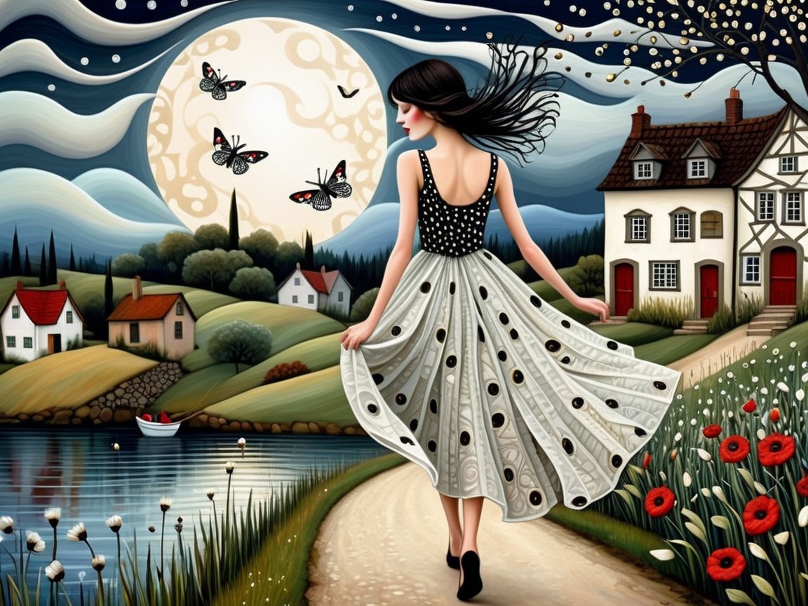 Dreamy Landscape with Woman by Serene Waterfront Path