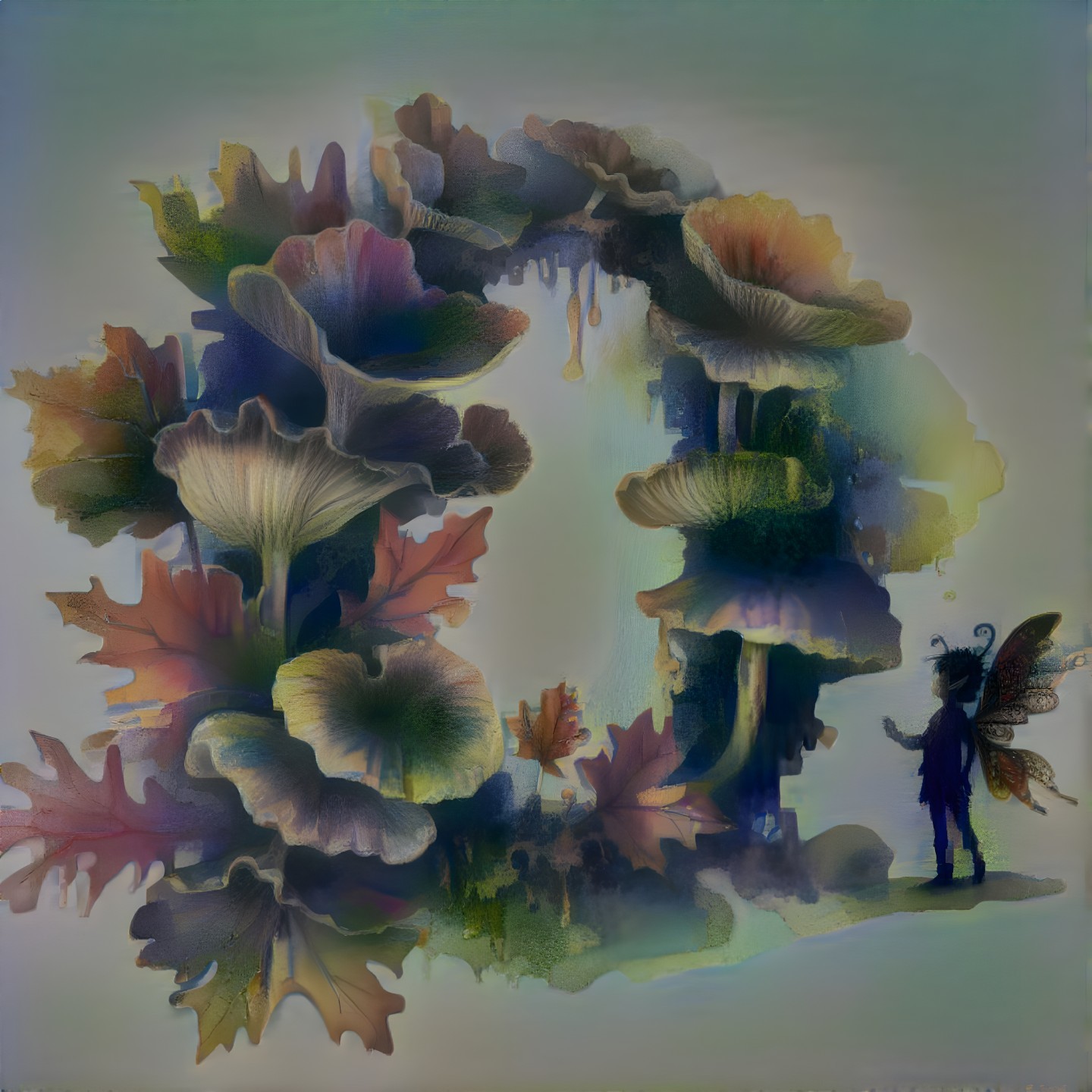 Mystical Scene with Vibrant Mushrooms and Leaves