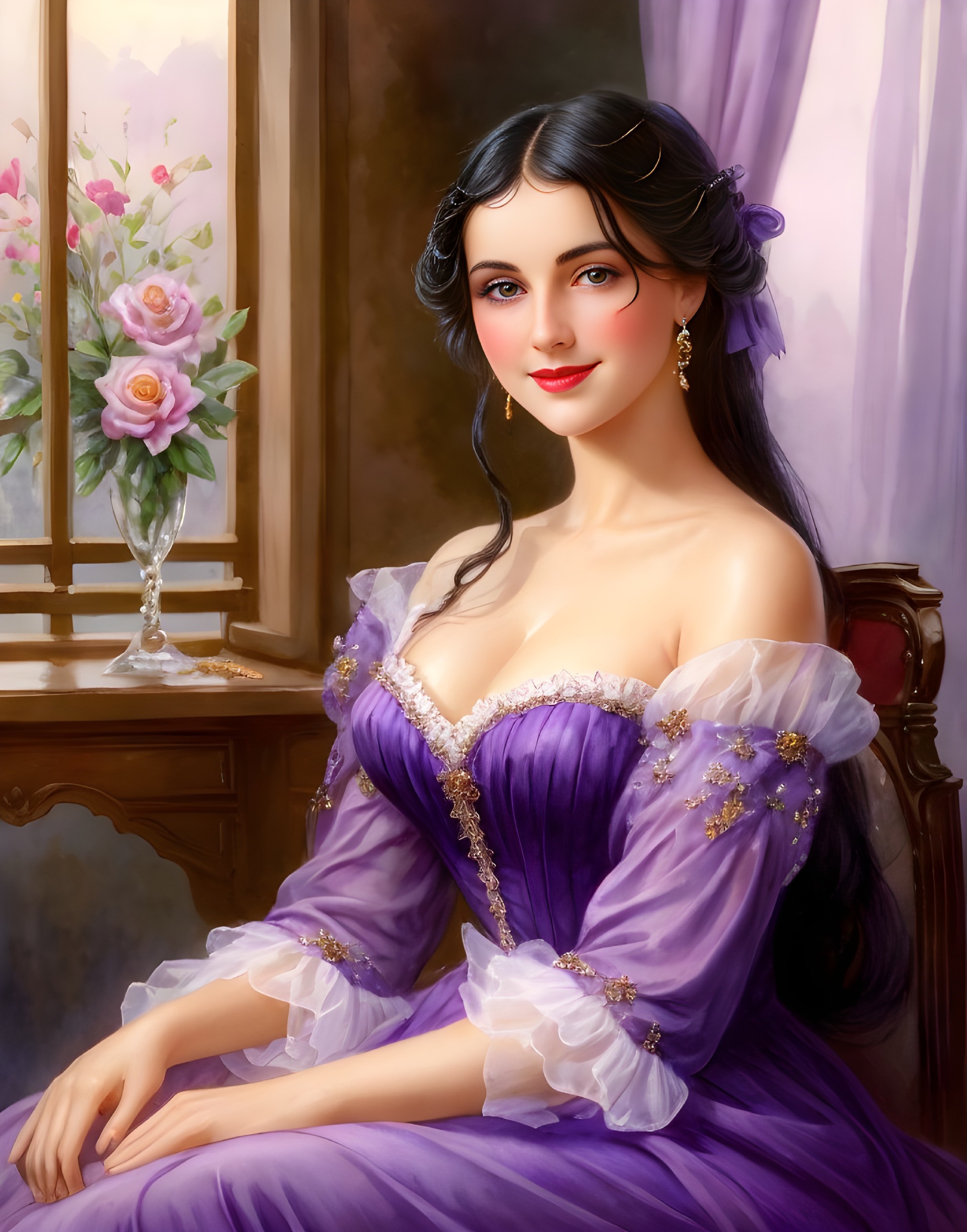 Classic portrait of woman in purple dress by window with flowers