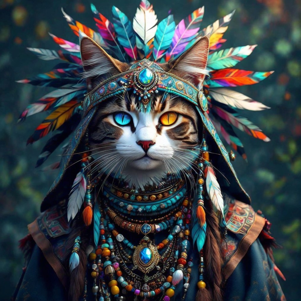 Majestic Cat with Feathered Headdress and Jewelry