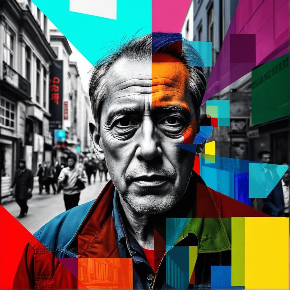 Middle-aged man against vibrant abstract geometric backdrop