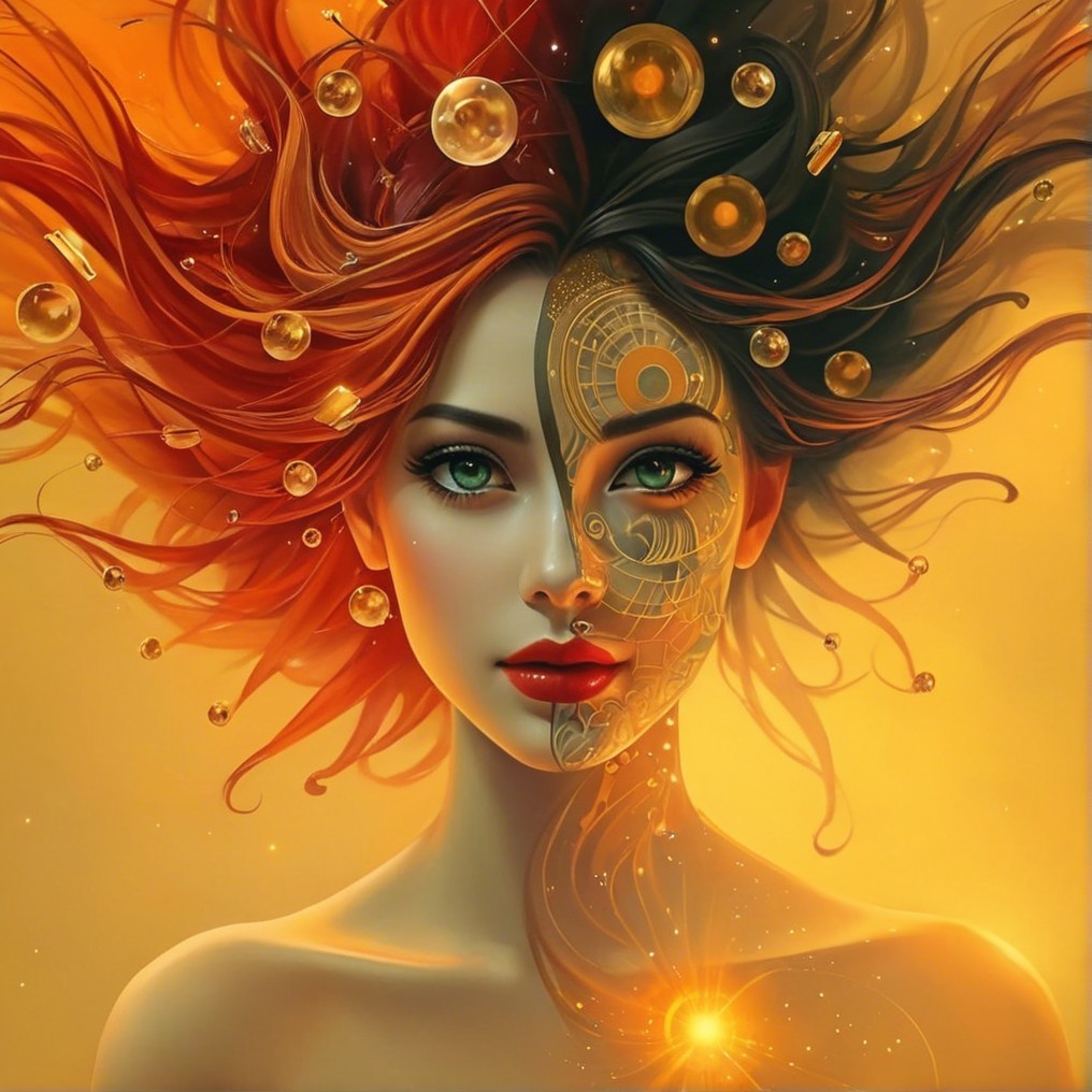 Woman with Green Eyes and Fiery Split Hair Design