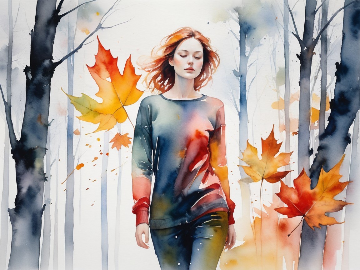 Watercolor Painting of a Woman in an Autumn Forest