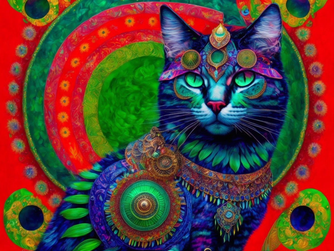 Vibrant Cat with Jewelry and Swirling Background Patterns