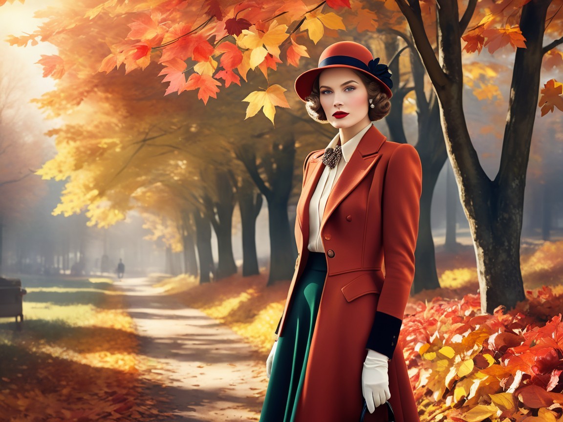 Elegant Woman in Autumn Setting with Vibrant Trees