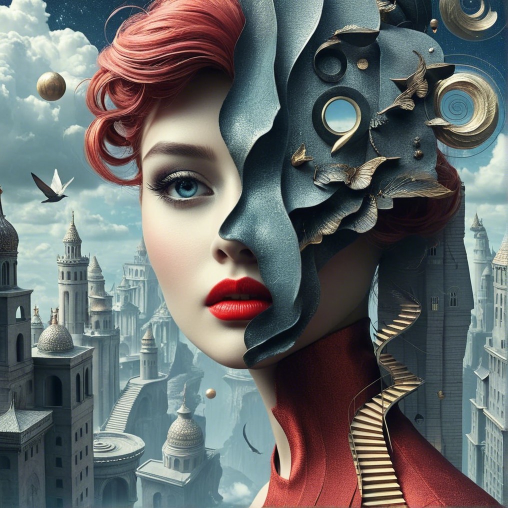 Surreal Portrait of a Woman with Red Hair and Cityscape