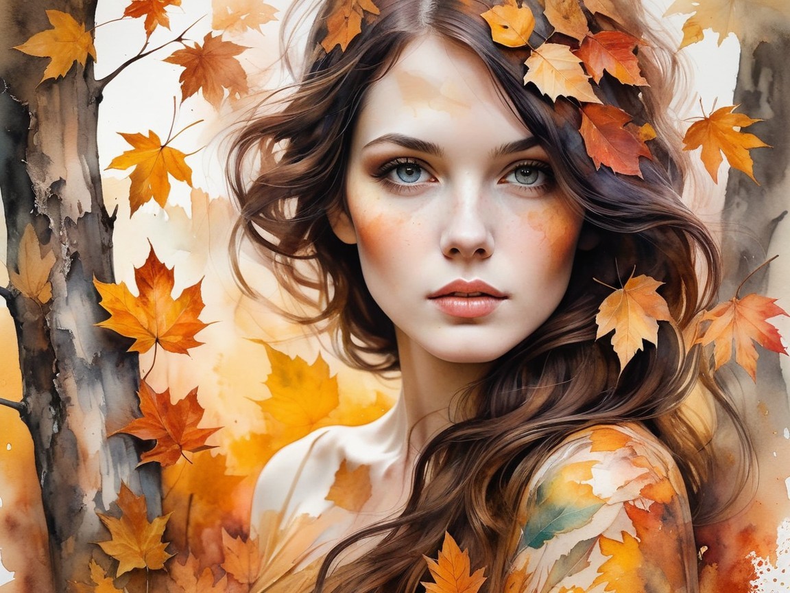 Portrait of a Woman Amidst Vibrant Autumn Leaves