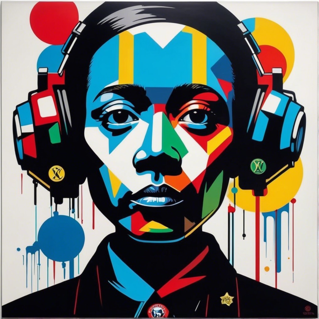 Vibrant Portrait with Geometric Shapes and Headphones