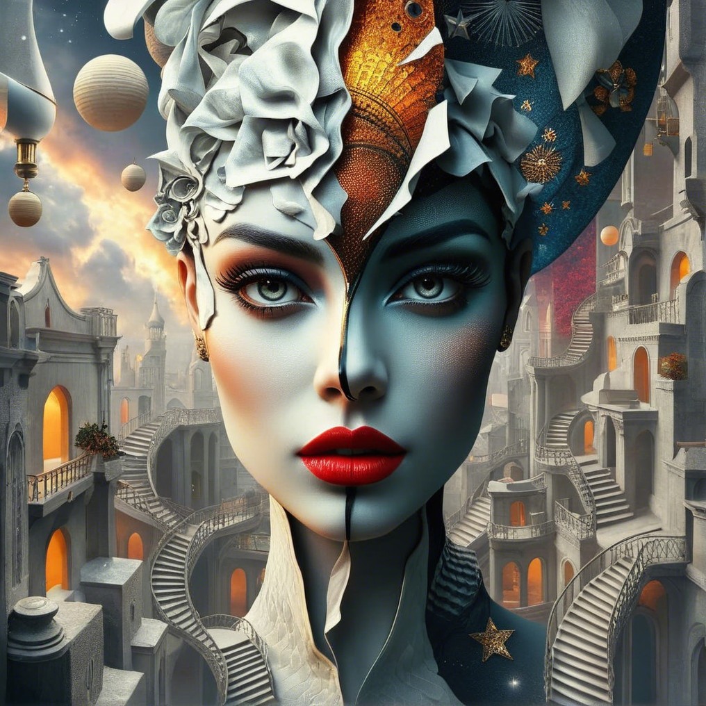 Surreal Split-Face Portrait of a Woman with Details
