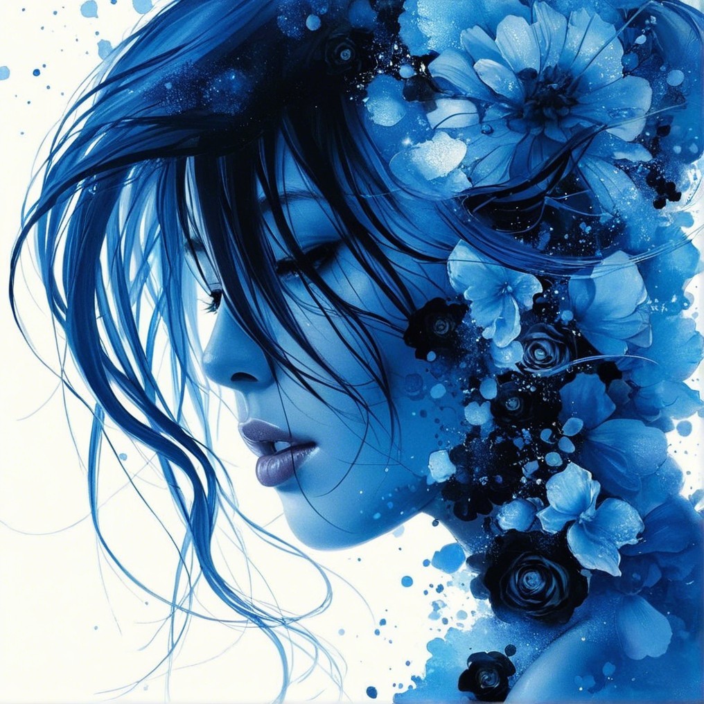 Portrait of a woman with blue flowers and patterns