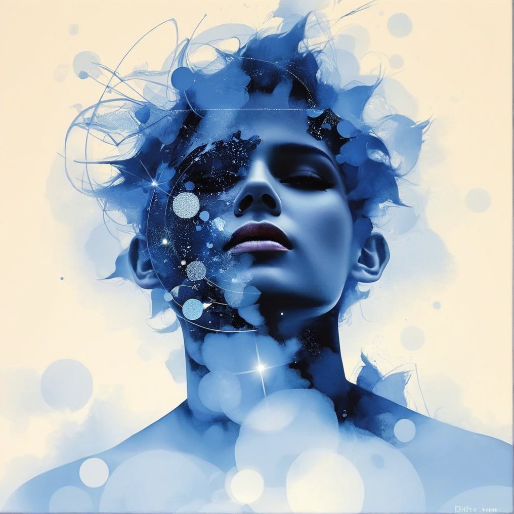 Portrait of a woman with abstract blue hues and stars