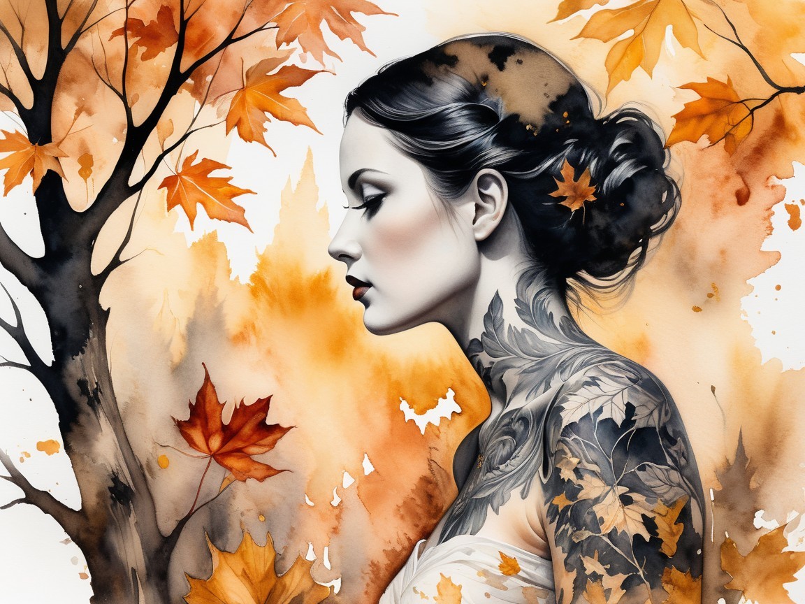 Watercolor Illustration of Woman with Tattoos and Leaves