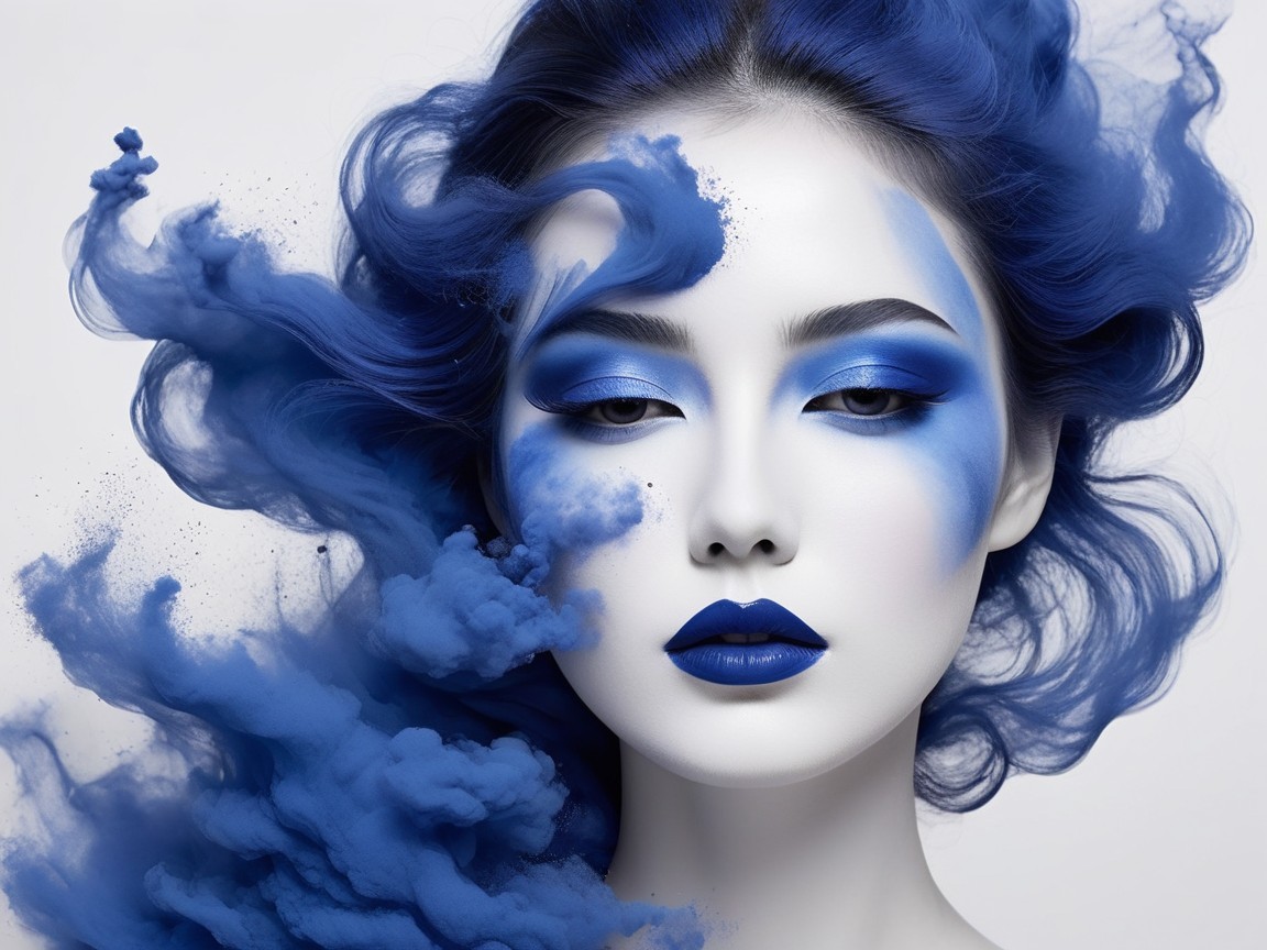 Portrait of a model with blue makeup and smoke
