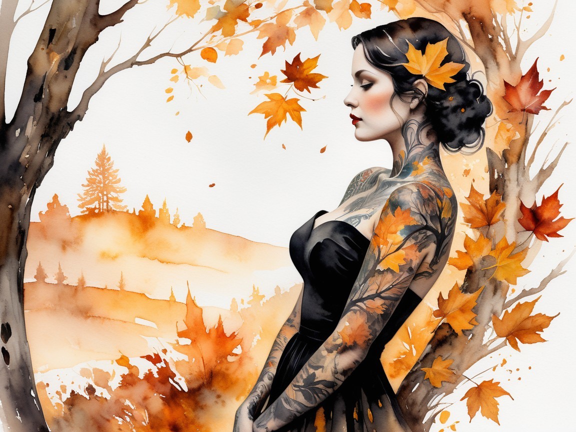 Serene Woman in Black Gown Amidst Autumn Leaves
