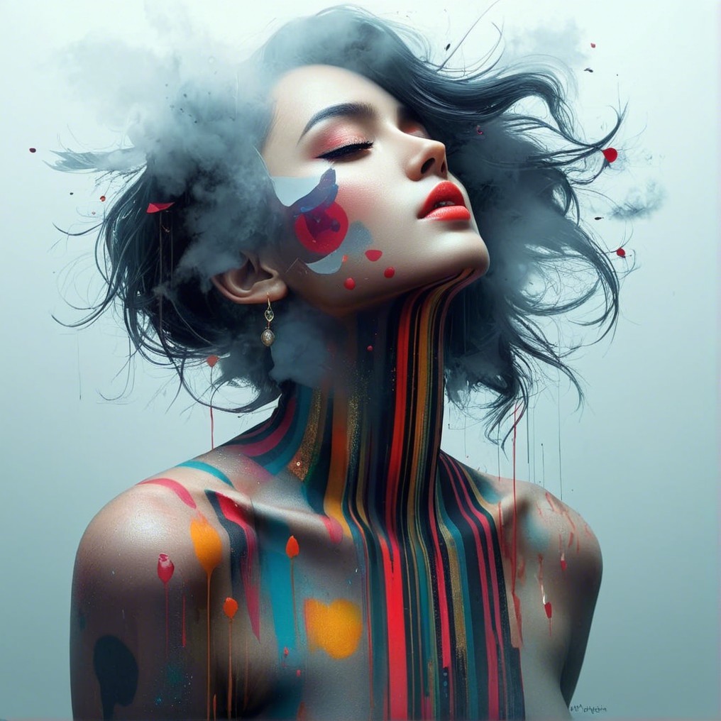 Portrait of a woman with gray hair and colorful paint drips