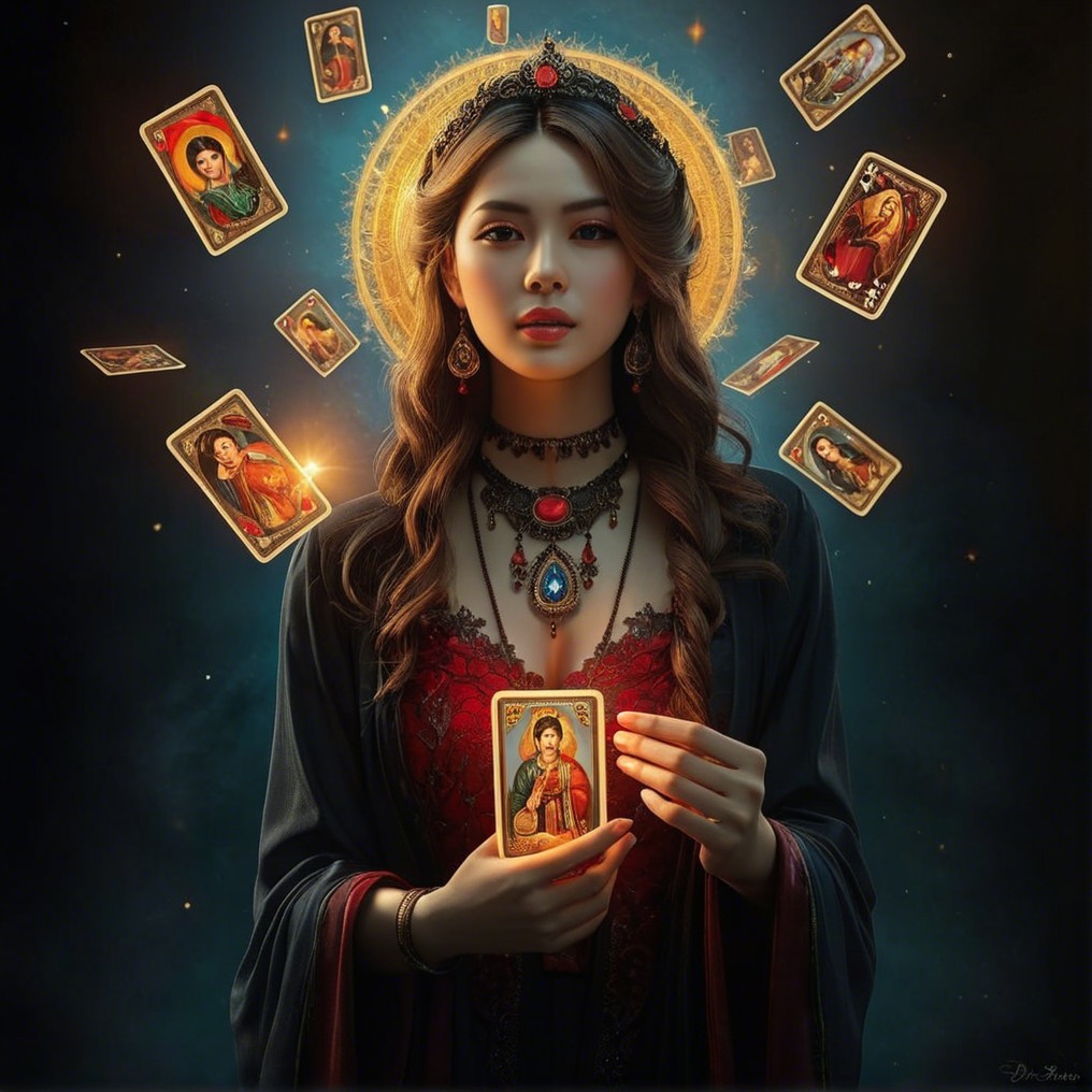 Young woman in dark gown with religious icon and tarot cards