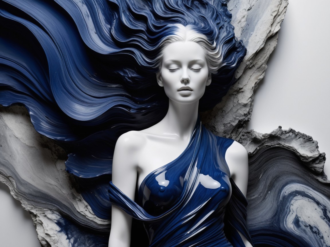 Mannequin Surrounded by Deep Blue Paint Waves