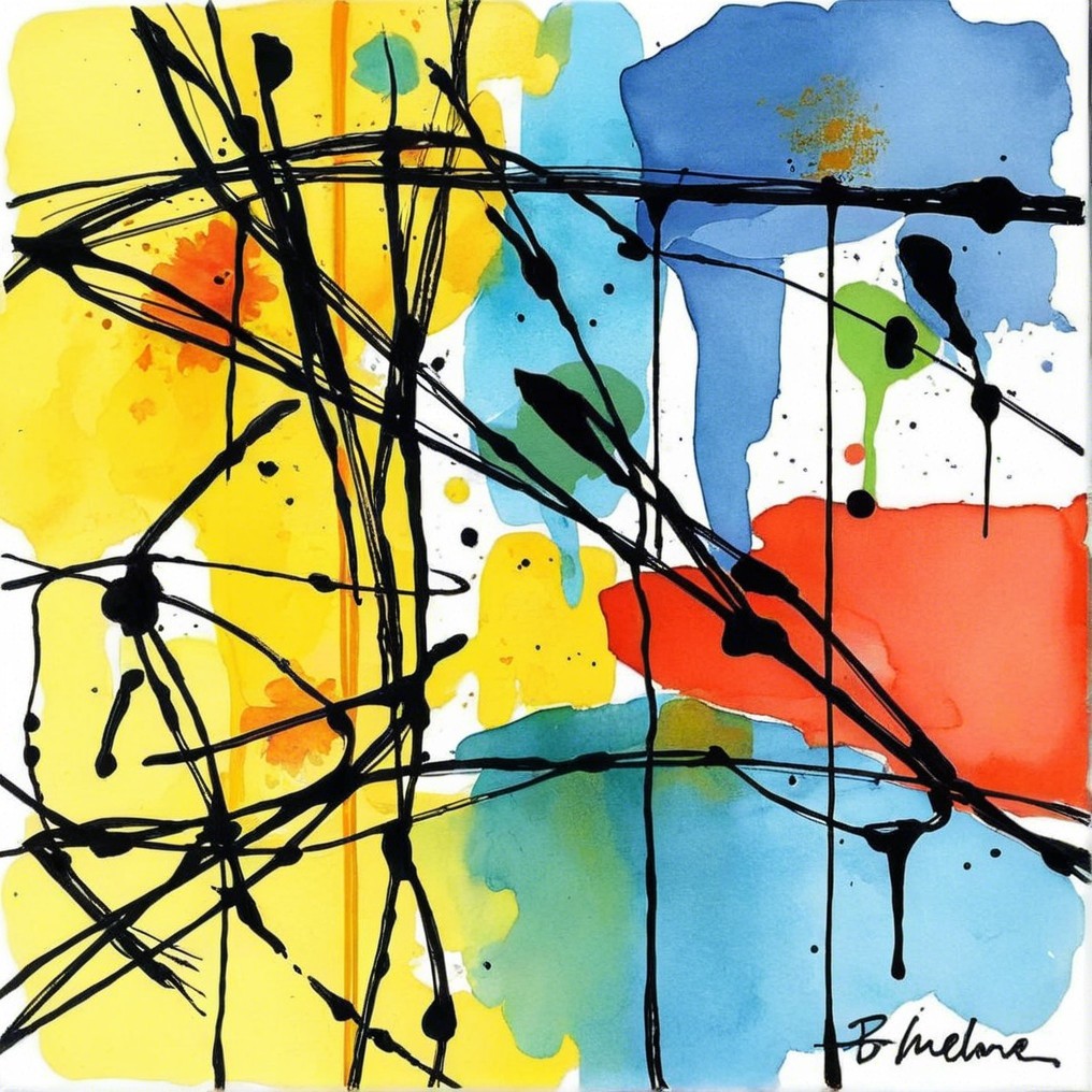 Abstract Watercolor Composition with Bold Colors and Lines