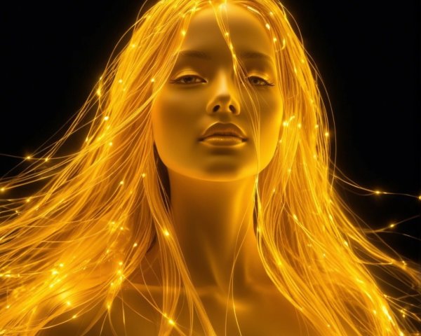 Golden-haired figure with ethereal glow in dark background