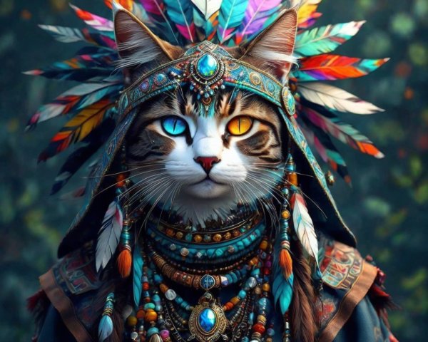 Majestic Cat with Feathered Headdress and Jewelry