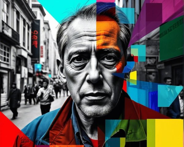 Middle-aged man against vibrant abstract geometric backdrop
