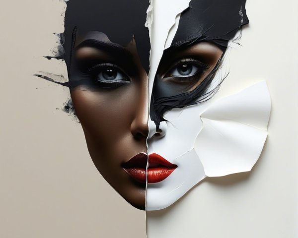 Split Face Artwork Featuring Duality and Transformation