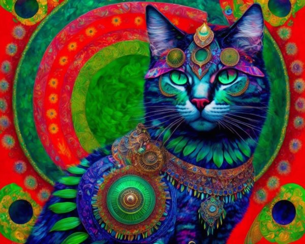 Vibrant Cat with Jewelry and Swirling Background Patterns