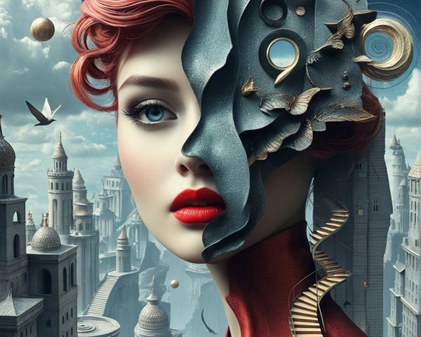 Surreal Portrait of a Woman with Red Hair and Cityscape