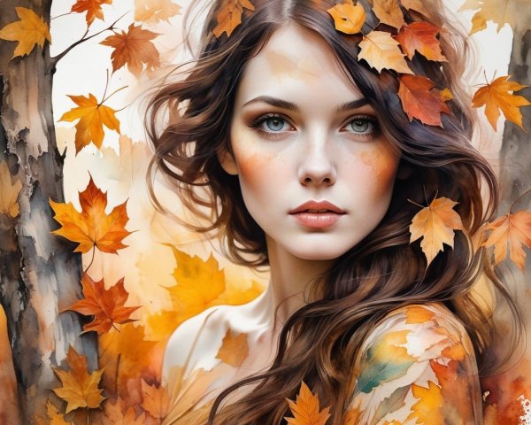 Portrait of a Woman Amidst Vibrant Autumn Leaves