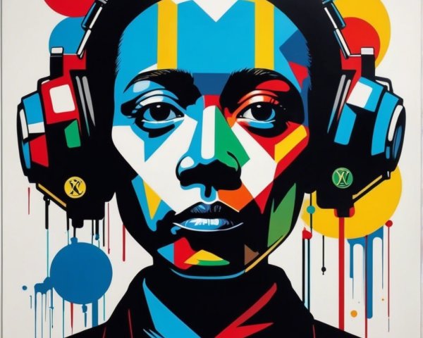 Vibrant Portrait with Geometric Shapes and Headphones