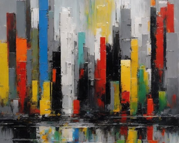 Bold Abstract Cityscape with Vibrant Colors and Depth