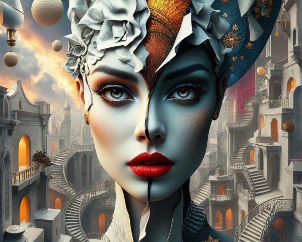 Surreal Split-Face Portrait of a Woman with Details