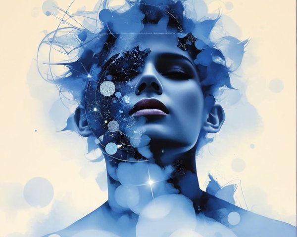 Portrait of a woman with abstract blue hues and stars