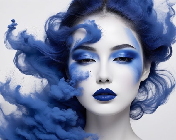 Portrait of a model with blue makeup and smoke