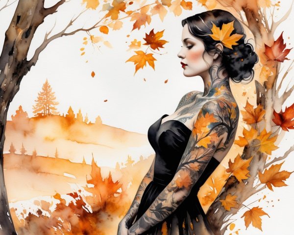 Serene Woman in Black Gown Amidst Autumn Leaves