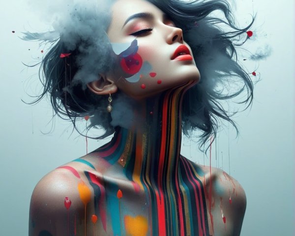 Portrait of a woman with gray hair and colorful paint drips