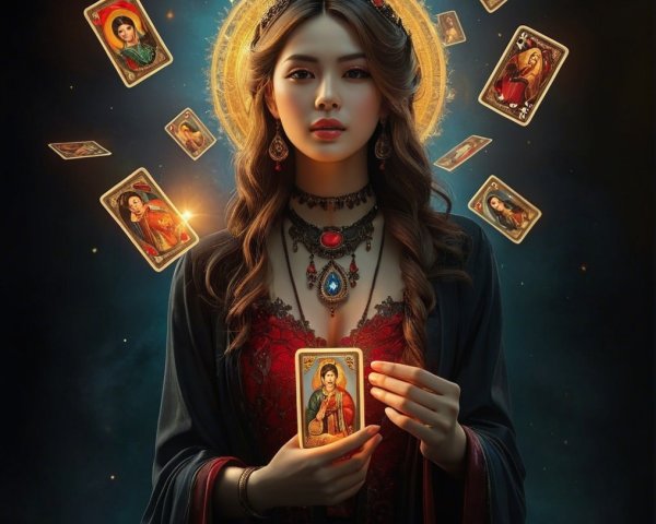 Young woman in dark gown with religious icon and tarot cards