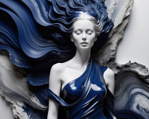 Mannequin Surrounded by Deep Blue Paint Waves
