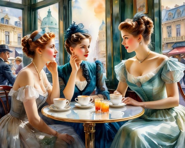 Elegant Café Scene with Three Women in Gowns