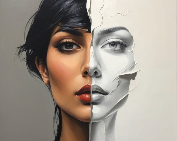Split Portrait of Woman: Colorful and Grayscale Elements