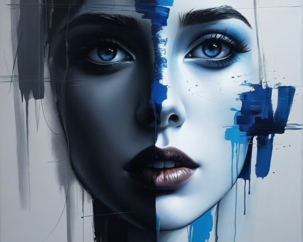 Portrait of a Female Face in Realistic and Abstract Styles