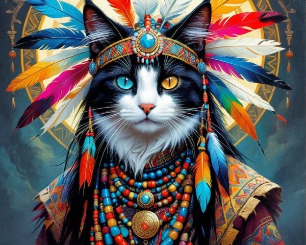 Majestic Cat with Feather Headdress and Jewelry