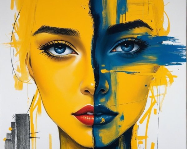 Split Portrait of a Woman in Yellow and Blue Tones