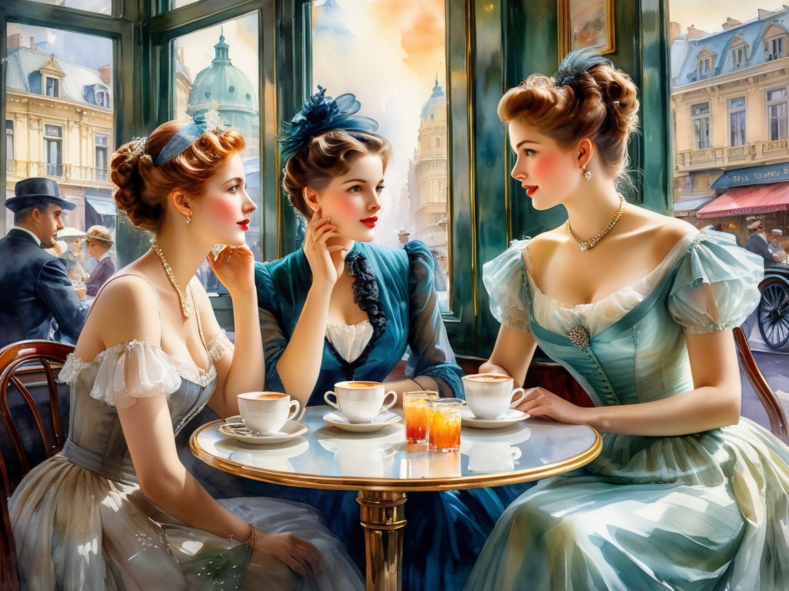 Elegant Café Scene with Three Women in Gowns