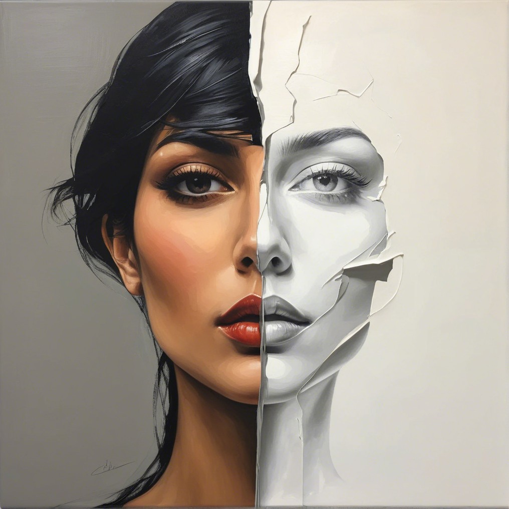 Split Portrait of Woman: Colorful and Grayscale Elements