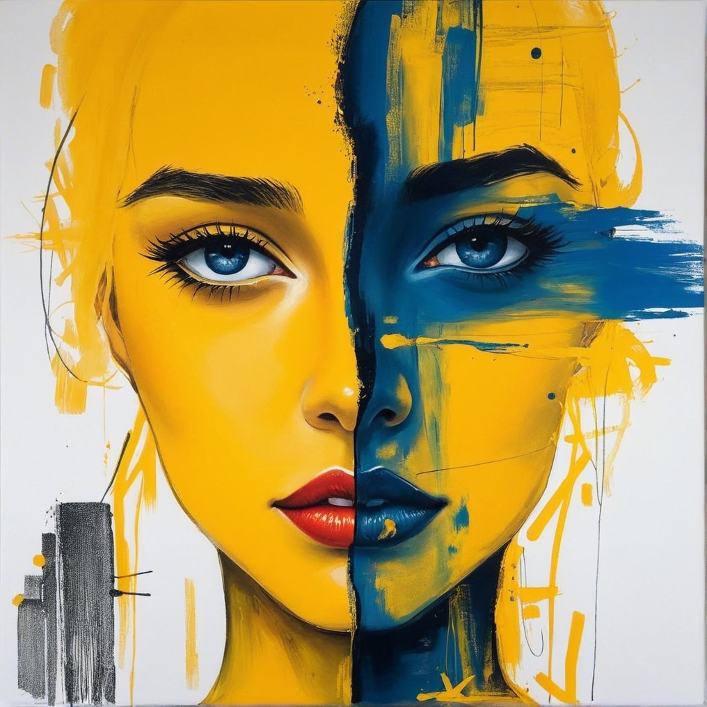 Split Portrait of a Woman in Yellow and Blue Tones