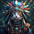Majestic Cat with Feathered Headdress and Jewelry